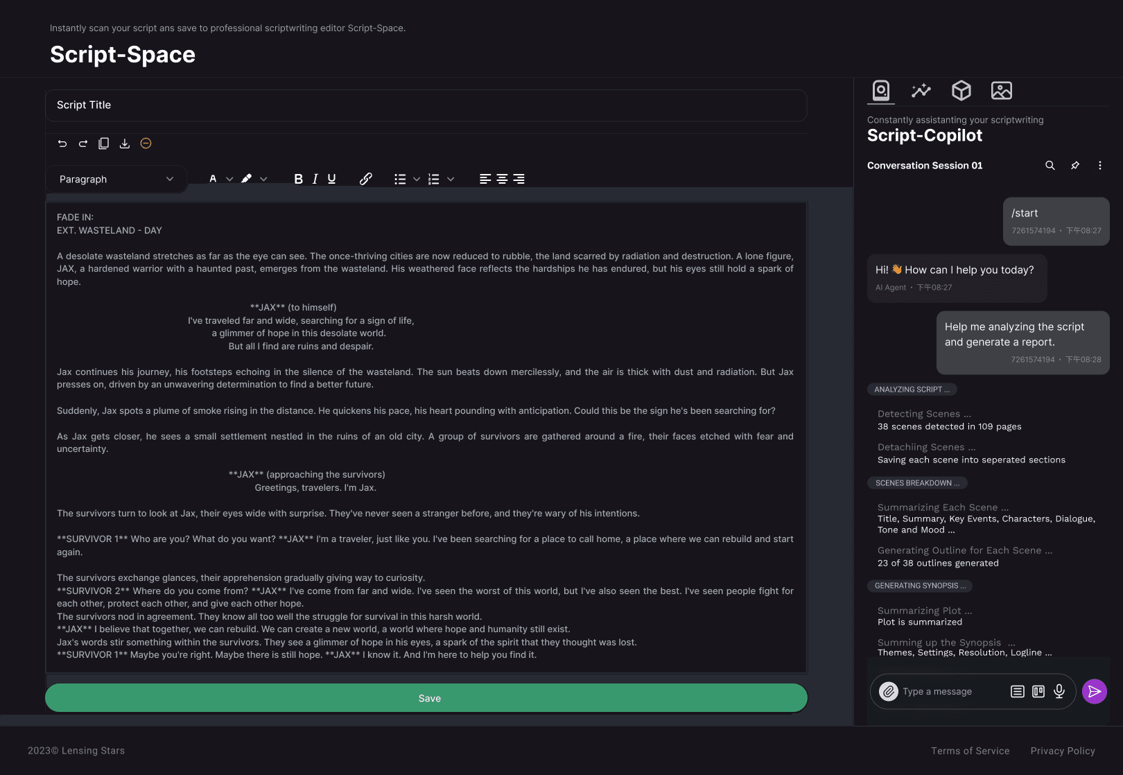 Real early Scriptoplay screenshot: Script-Space editor with an open-ended Script-Copilot chat panel — a freeform conversation, no staged workflow or visible progress