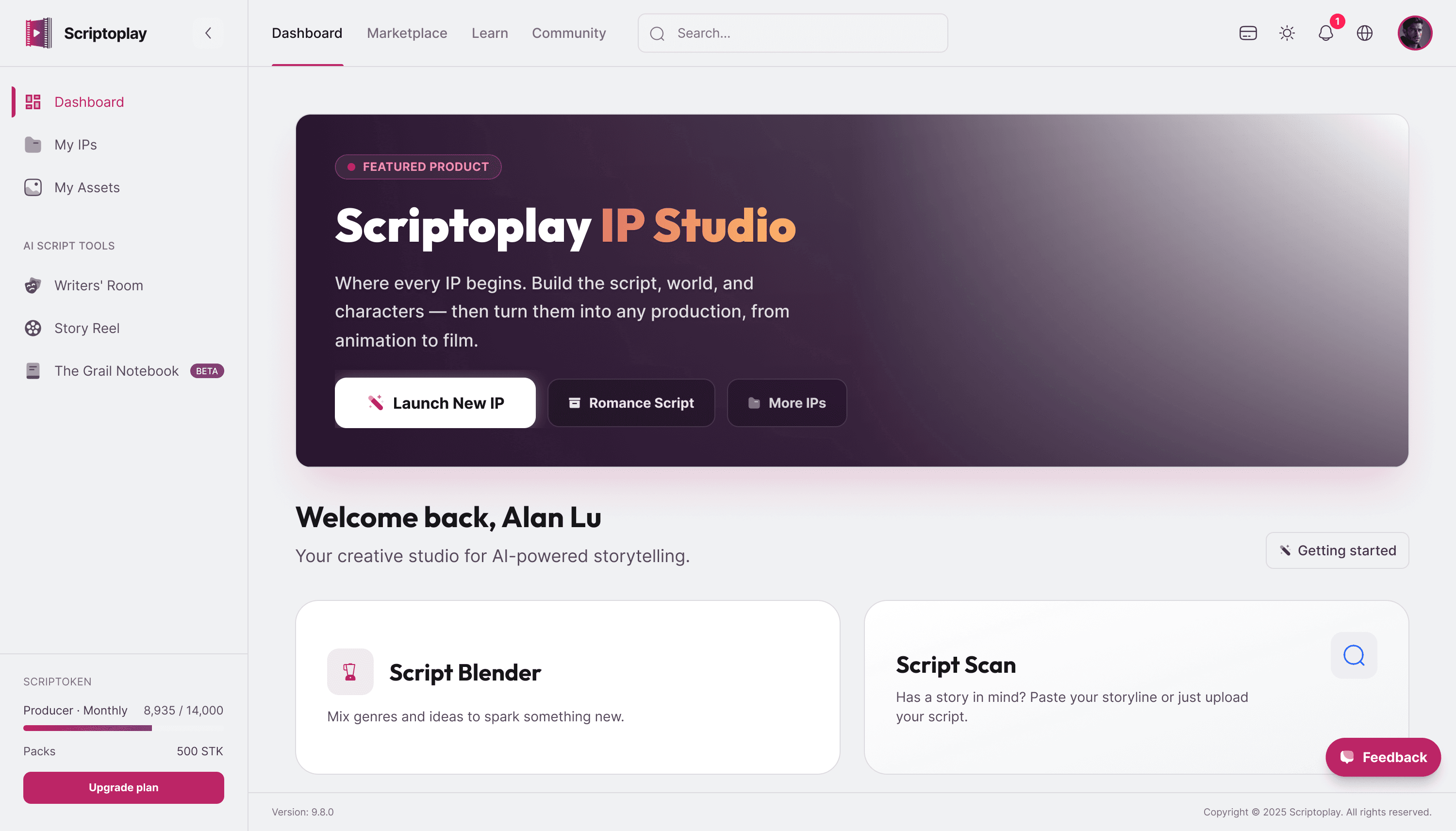 Real Scriptoplay screenshot: dashboard at desktop width