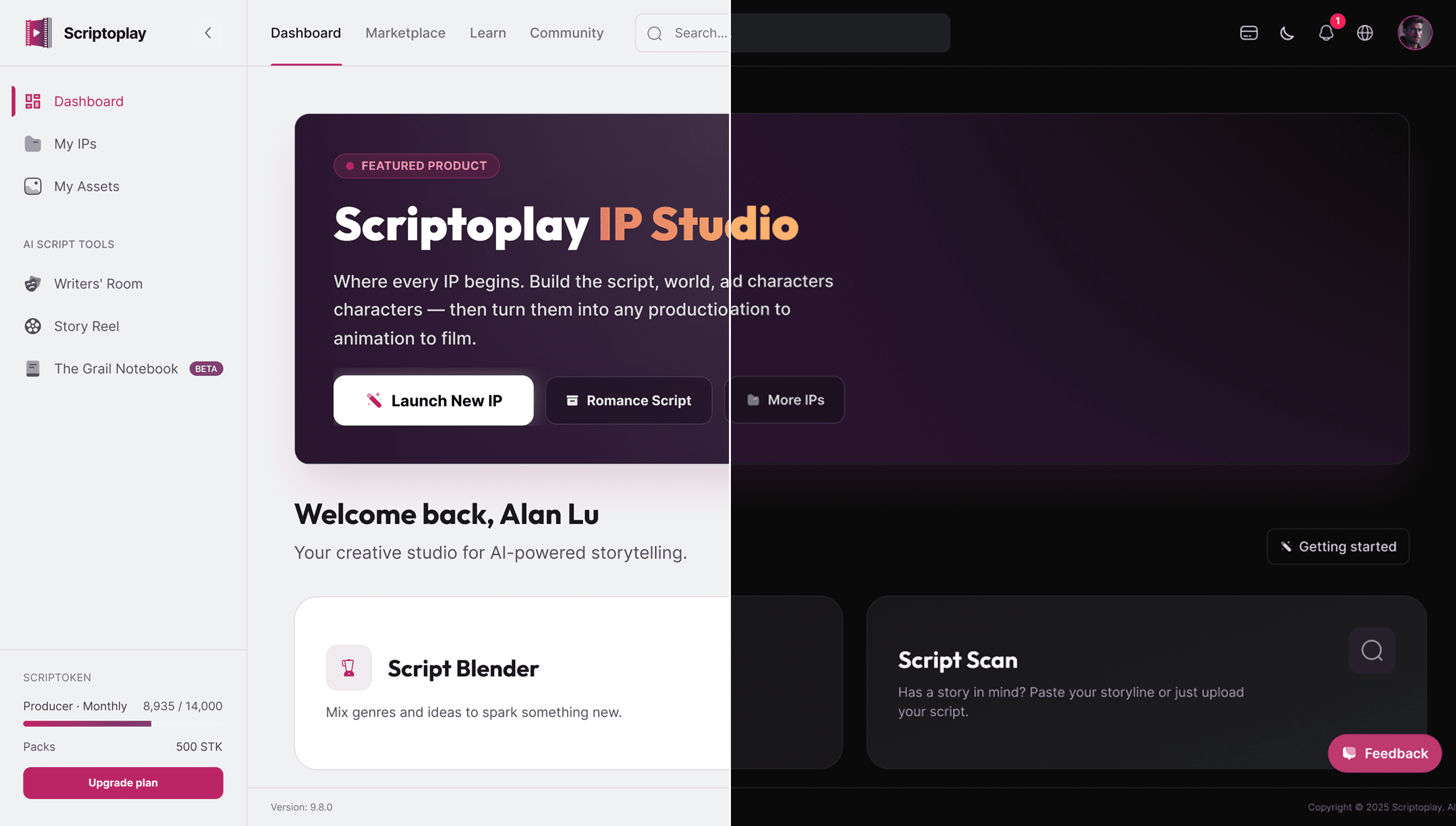 Real Scriptoplay screenshot: the same dashboard rendered in dark and light mode, split down the middle