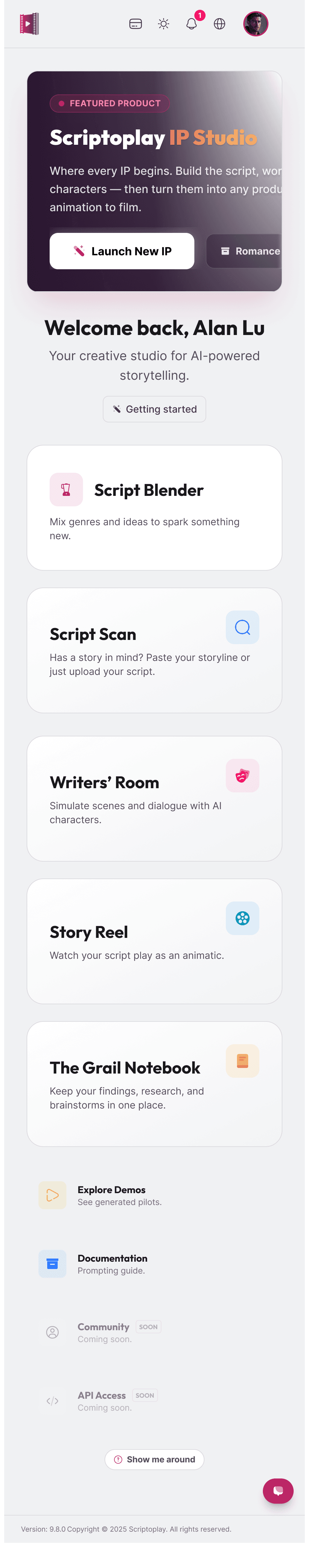 Real Scriptoplay screenshot: dashboard at mobile width