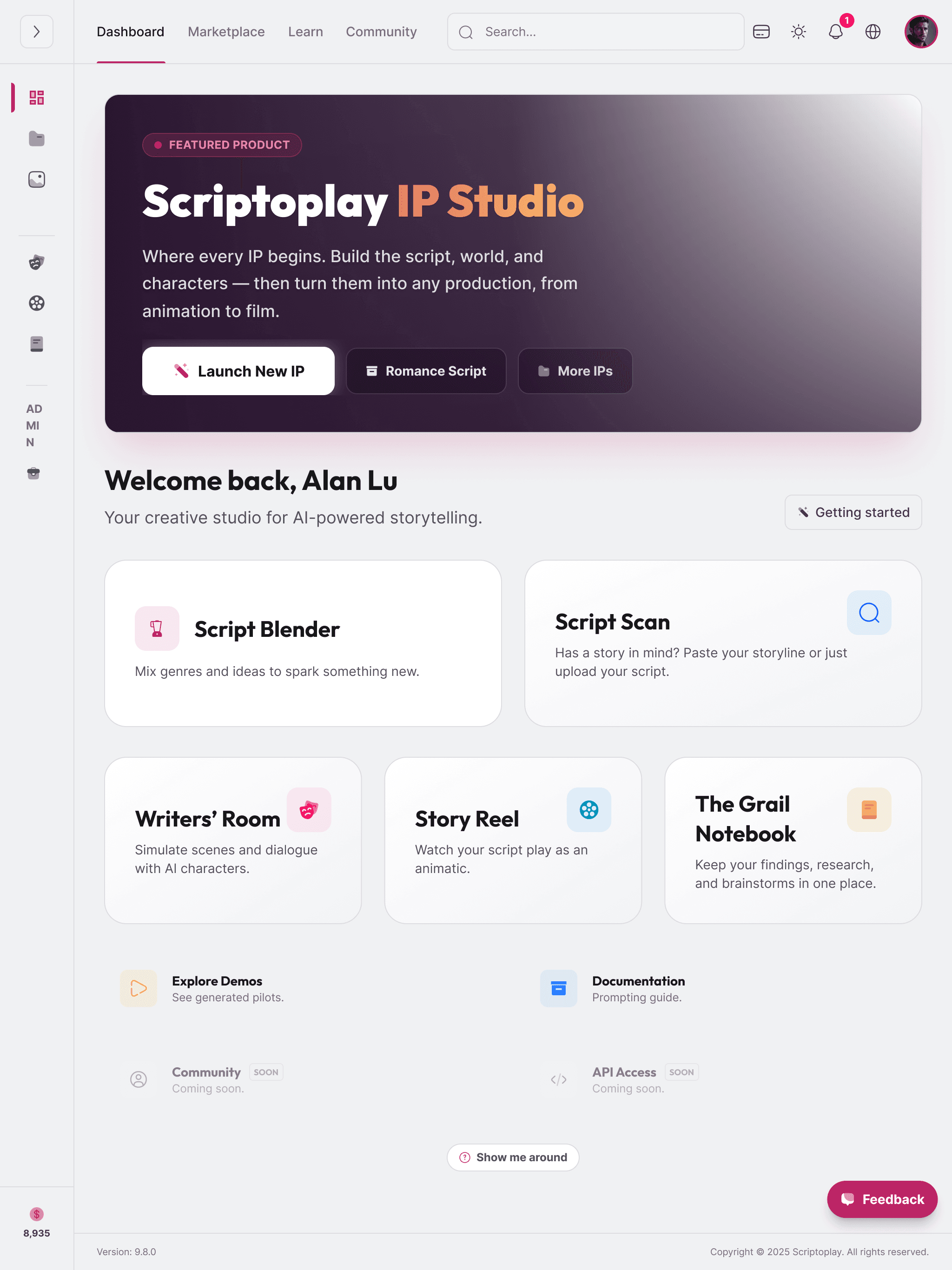 Real Scriptoplay screenshot: dashboard at tablet width