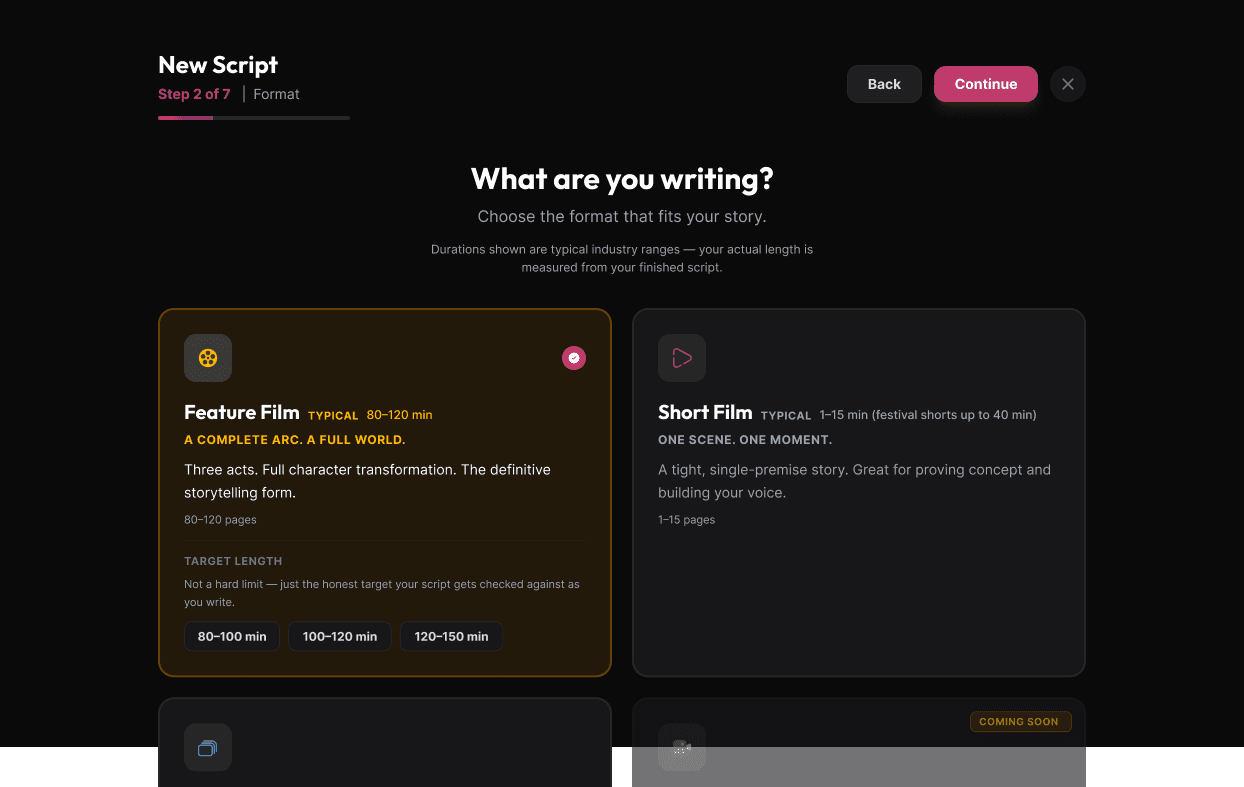 Real Scriptoplay screenshot: New Script wizard, step 2 of 7, choosing a format — Feature Film selected with target-length quick picks, Short Film alongside it