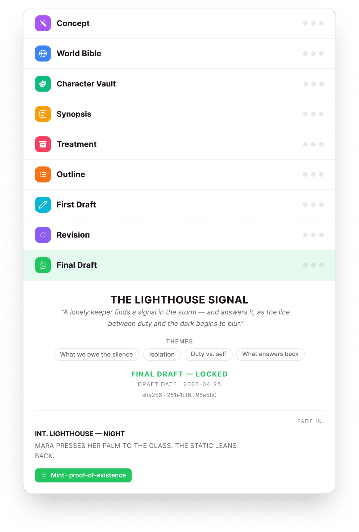 Real Scriptoplay screenshot: all nine pipeline phases, and the locked Final Draft screen for The Lighthouse Signal