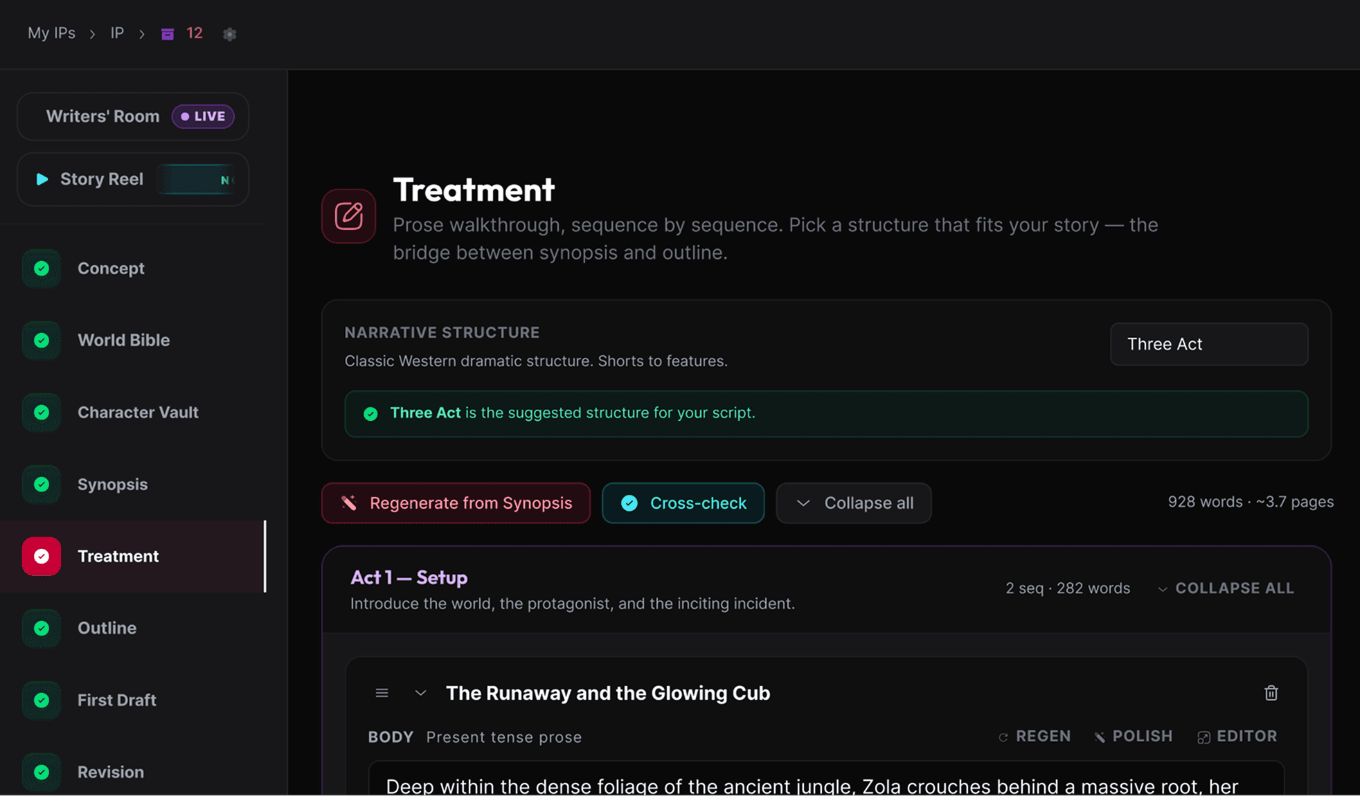 Real Scriptoplay screenshot: the Treatment phase, one step in the nine-phase sidebar (Concept, World Bible, Character Vault, Synopsis, Treatment, Outline, First Draft, Revision), each phase marked complete or current