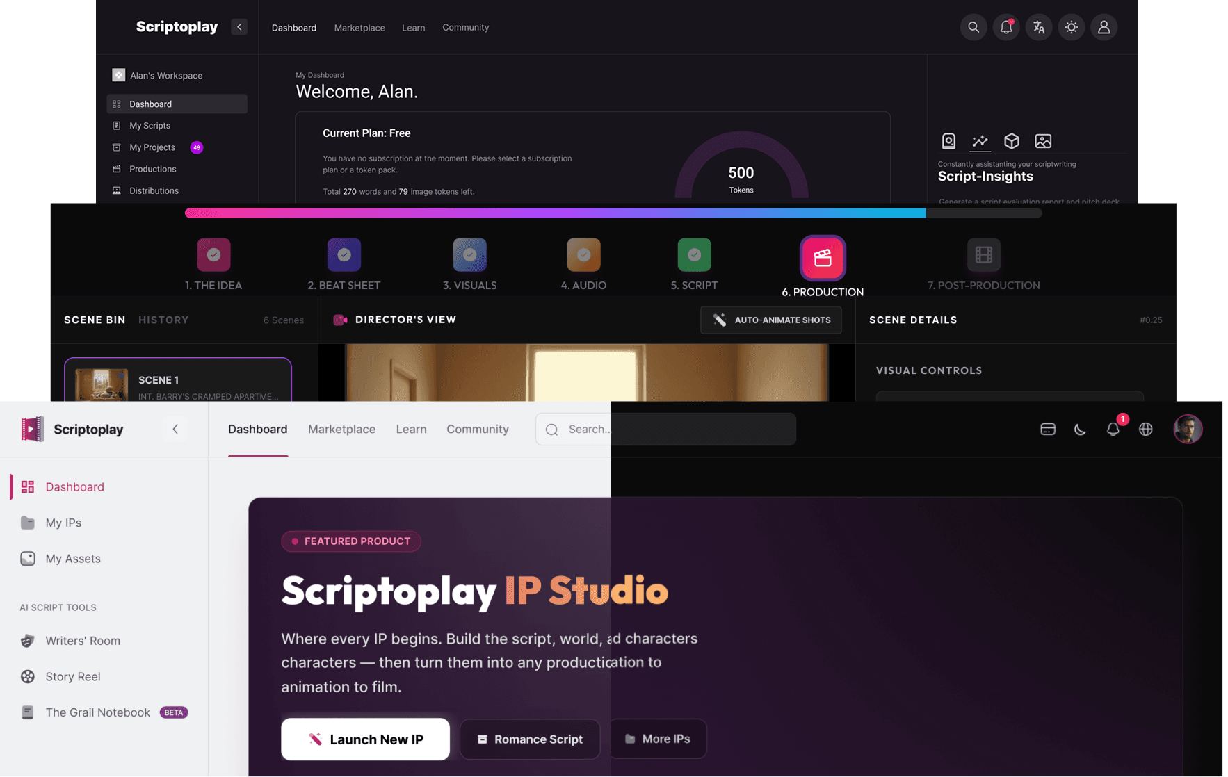 Real Scriptoplay screenshots stacked across three eras: the 2022 token-based dashboard, the 2023-24 seven-step production pipeline (Idea through Post-Production), and the 2025 IP Studio dashboard