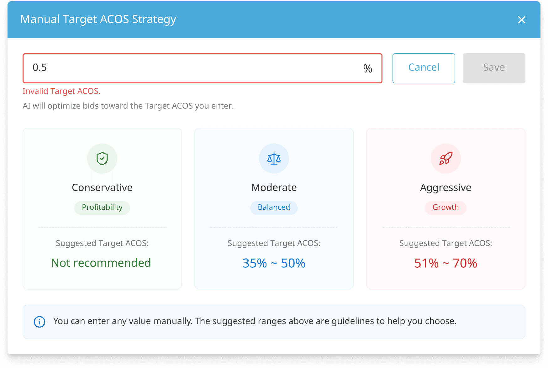 Real BQool screenshot: Manual Target ACOS Strategy modal with guided risk tiers, an invalid-value error, and a disabled Save button