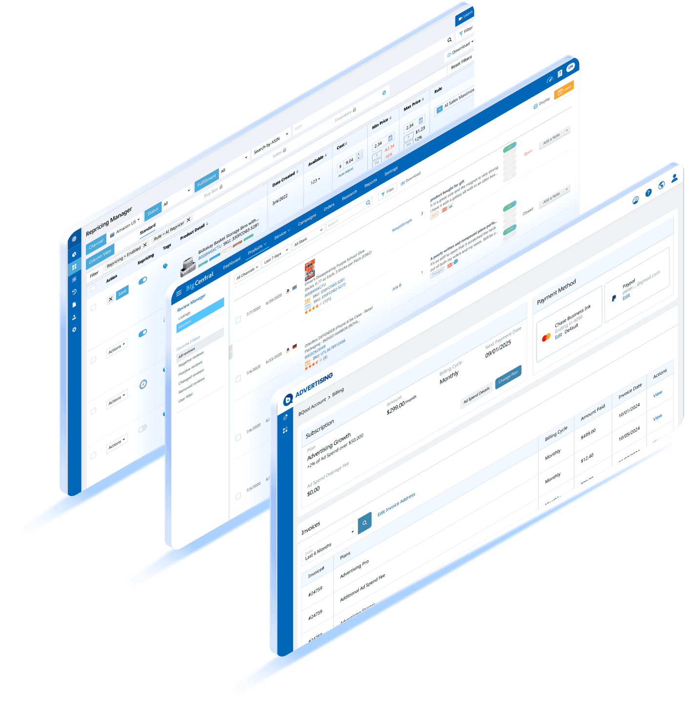 Real BQool product screenshots composited together: Repricing Manager's pricing rules table, BigCentral's review manager, and Advertising's billing screen, sharing one visual language across all three products