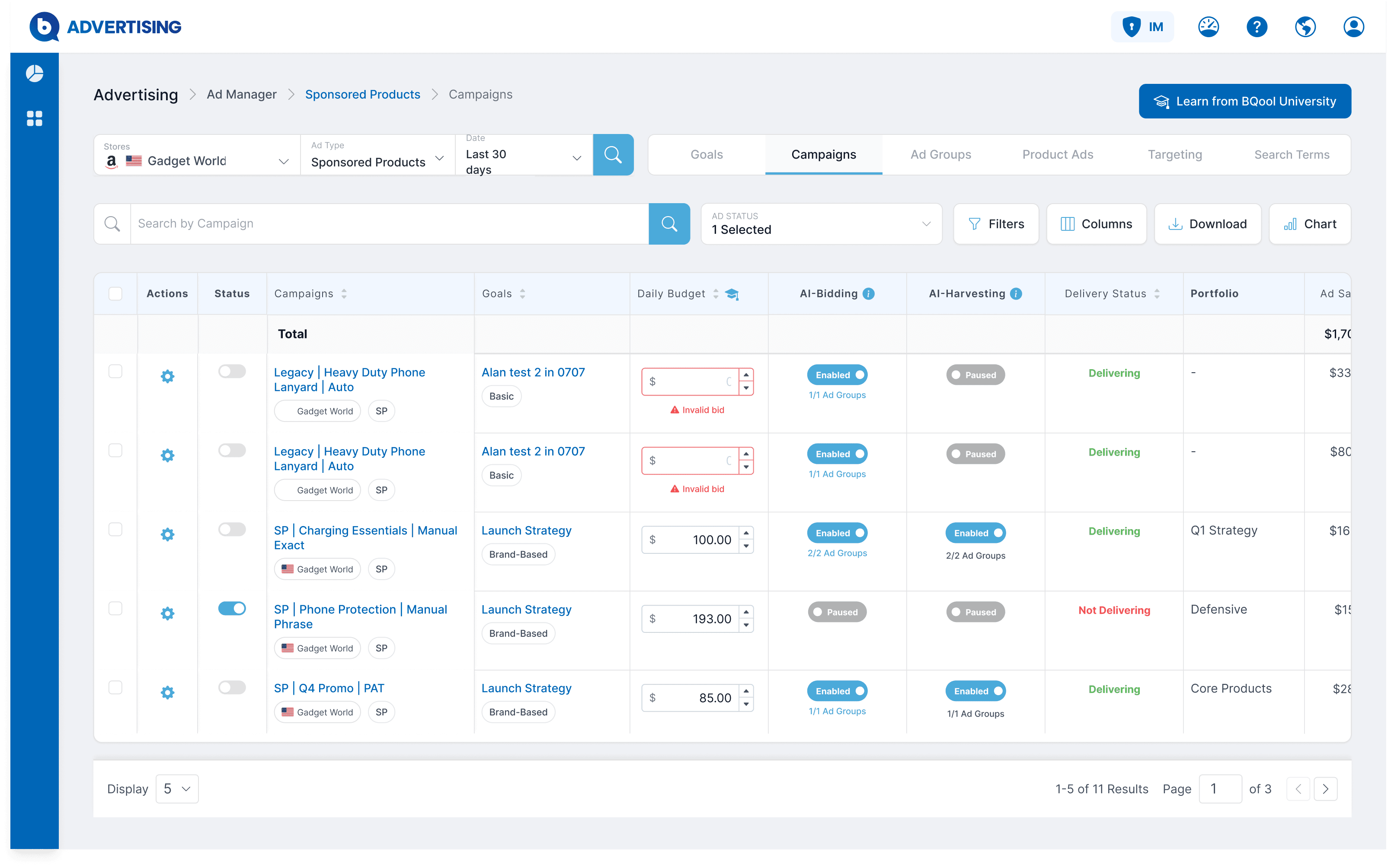 Real BQool dashboard screenshot: Campaigns table with Status, Goals, Daily Budget, AI-Bidding, AI-Harvesting, and Delivery Status columns