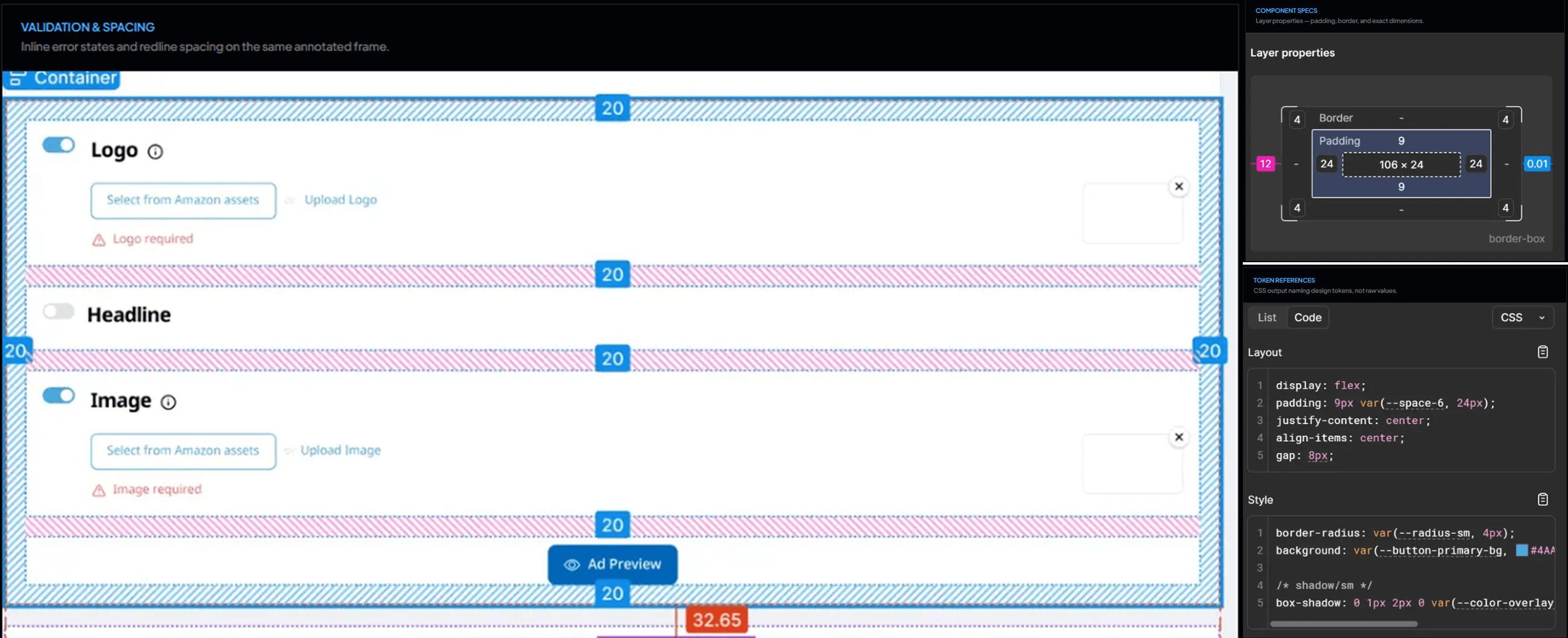Real Figma Dev Mode screenshot: Validation & spacing panel showing inline error states and redline spacing, alongside Component specs (layer properties: padding, border, exact dimensions) and Token references (CSS output naming design tokens, not raw values)