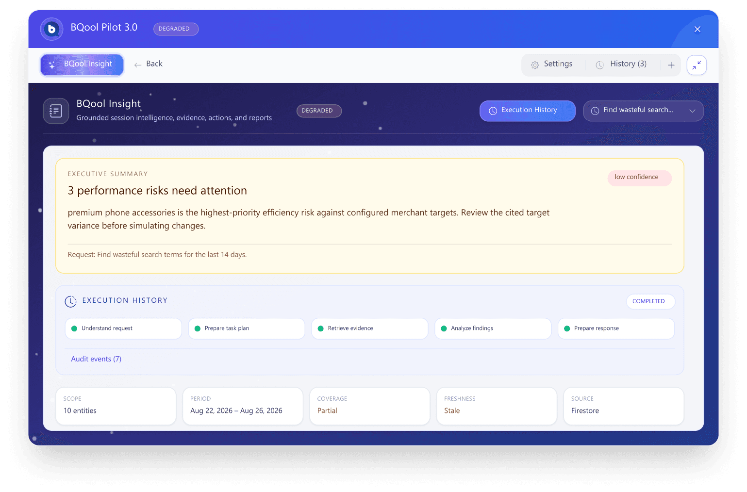 BQool Insight report template, rebuilt in the design-system demo, shown in a degraded/low-confidence state: executive summary flagging partial coverage and stale data, auditable execution history, and scope metadata