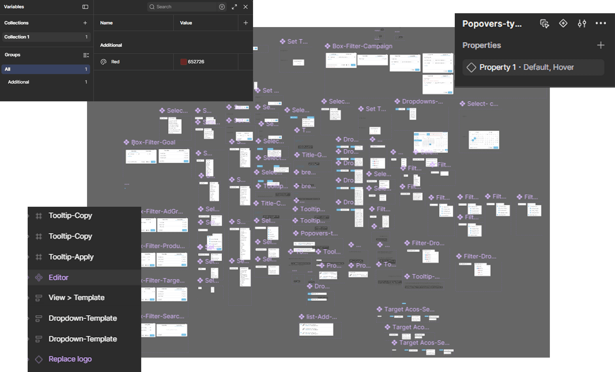 Real legacy Figma file: duplicated components (Tooltip-Copy, Dropdown-Template), inconsistent naming, and an ungoverned Variables panel — the file-hygiene and token drift this insight is drawn from