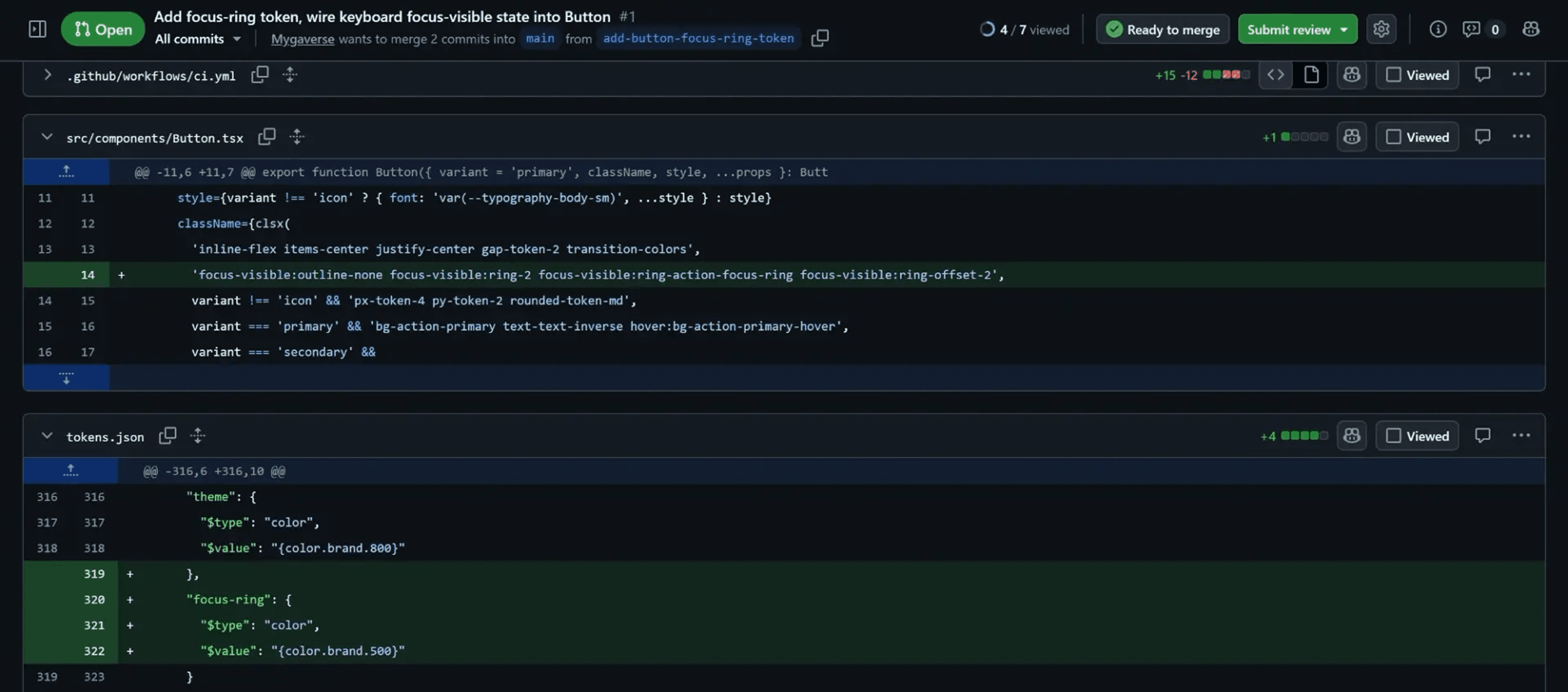 Real GitHub pull request: adding a focus-ring design token and wiring it into the Button component, showing the tokens.json, Button.tsx, and generated CSS/SCSS/JS diffs