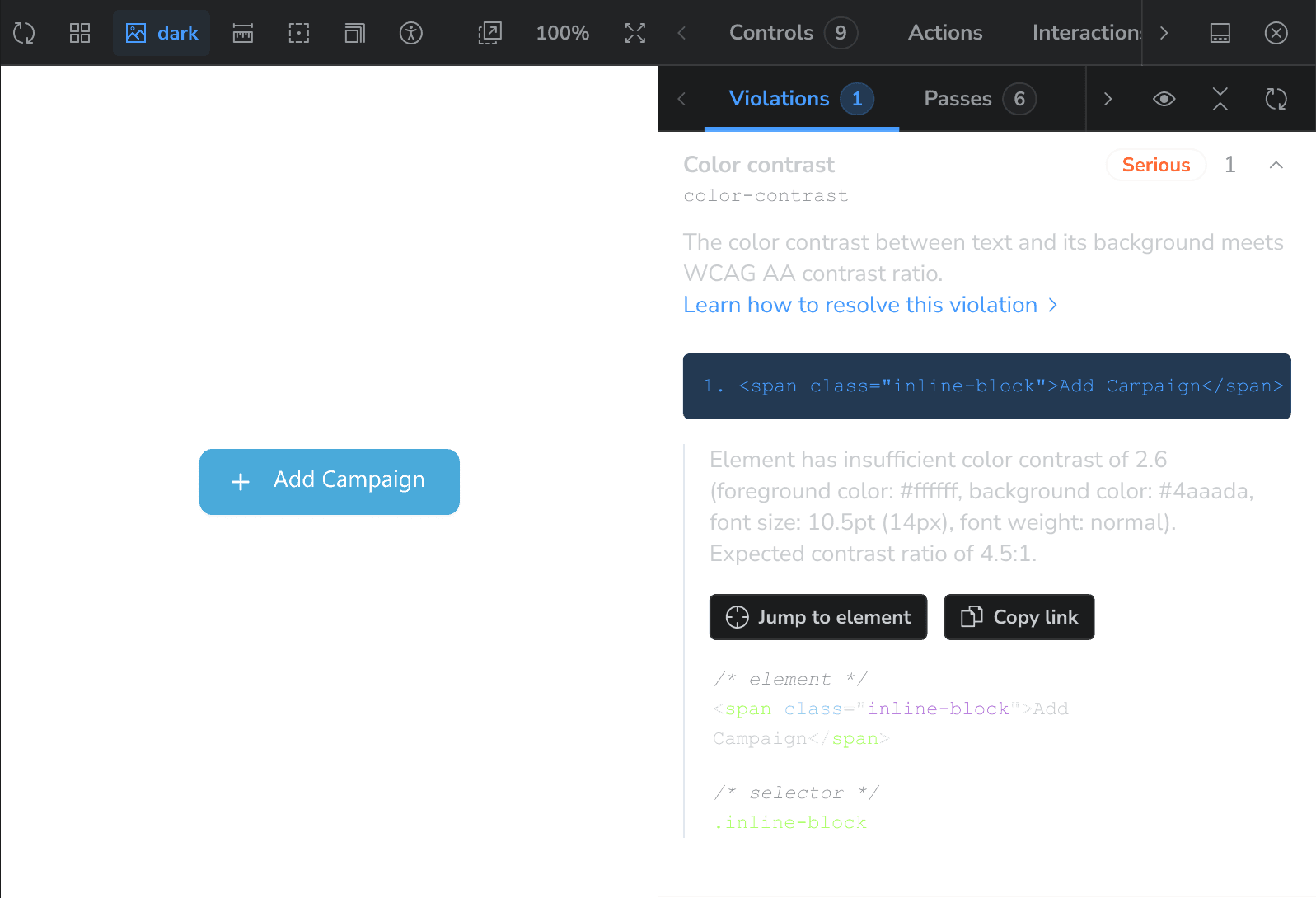 Real Storybook screenshot: axe-core accessibility panel flagging a serious color-contrast violation (2.6 measured vs 4.5:1 required) on the Button component