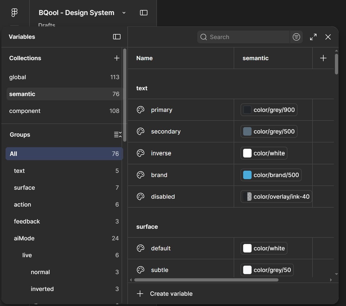 Real Figma screenshot: Variables panel showing the global (113), semantic (76), and component (108) collections, with semantic color tokens like text/primary aliased to global tokens like color/grey/900, and text/brand aliased to color/brand/500