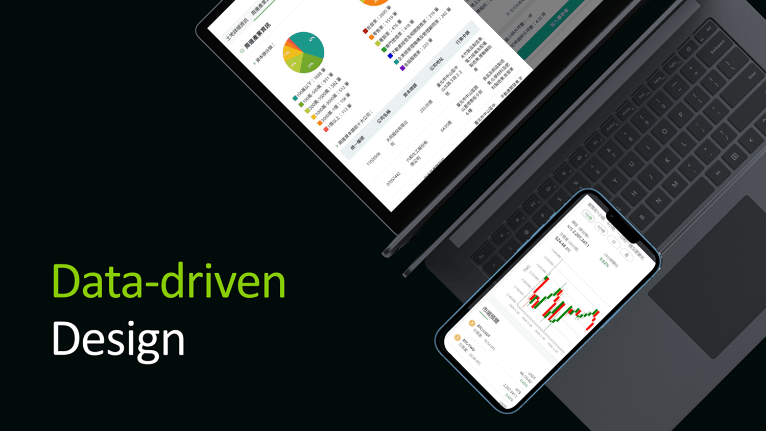 Real MyGoDeFi screenshot: land-detail panel with a nearby-industry pie chart and company registry data, alongside a mobile BTC/USDT candlestick chart