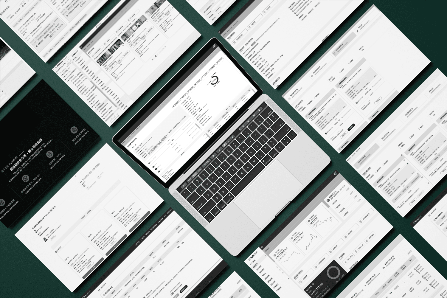 Real MyGoDeFi low-fidelity wireframes: property listing tables, KYC and transaction forms, and a crypto dashboard