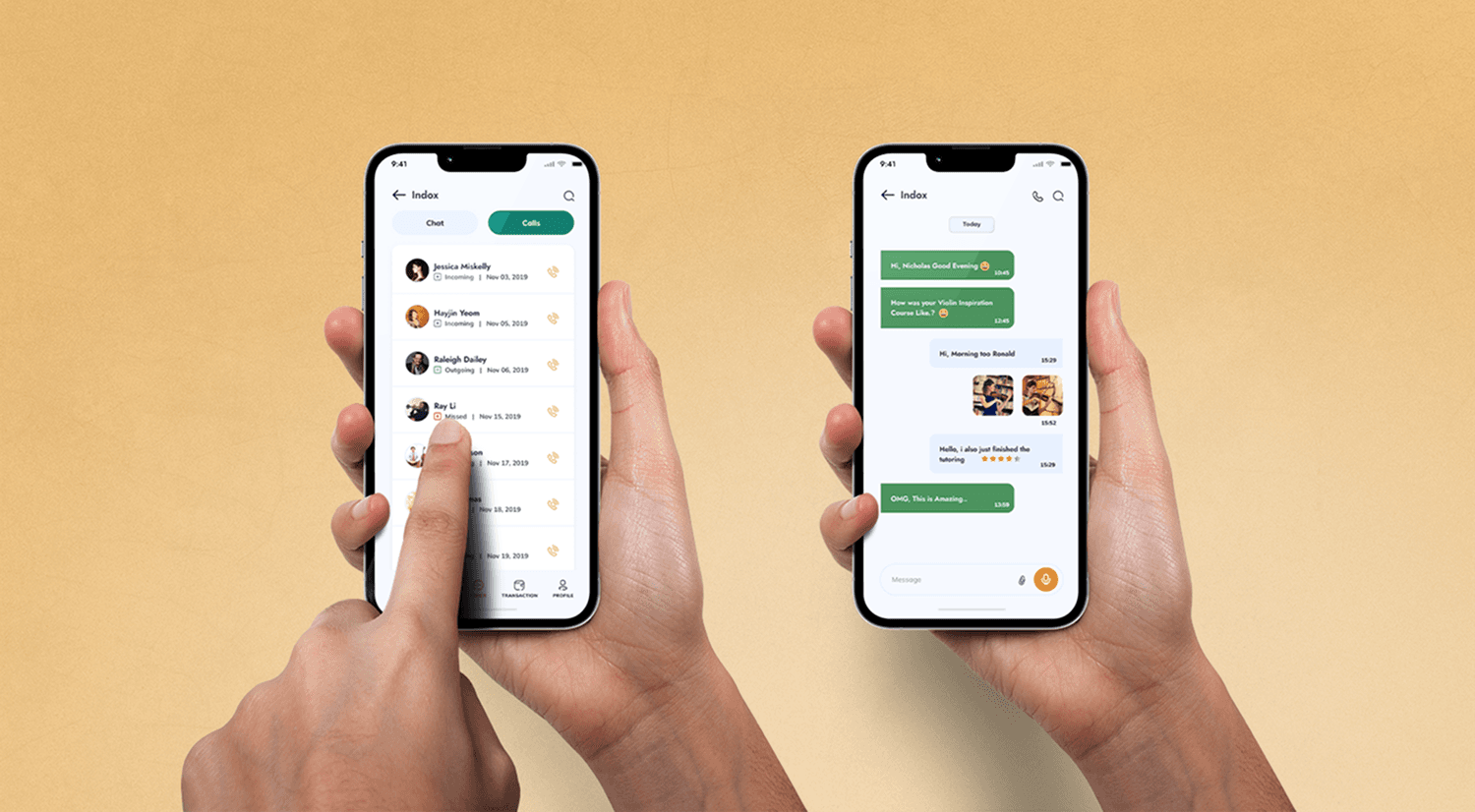 Real TP Music artwork: an Inbox with Chat and Calls tabs, a real call history list, and an in-app chat thread between a learner and tutor