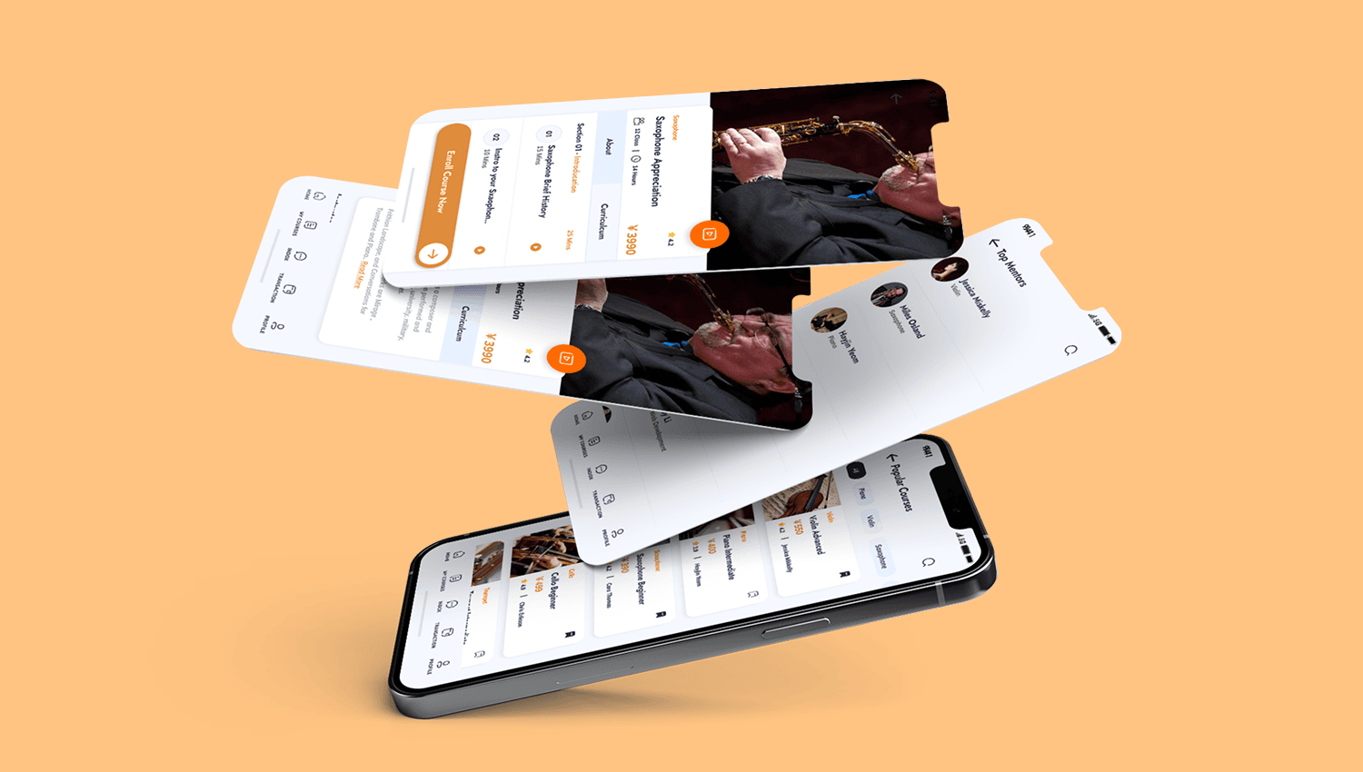 Real TP Music artwork: Top Mentors list, Popular Courses browsing, and a course detail page with pricing, ratings, and tutor bio