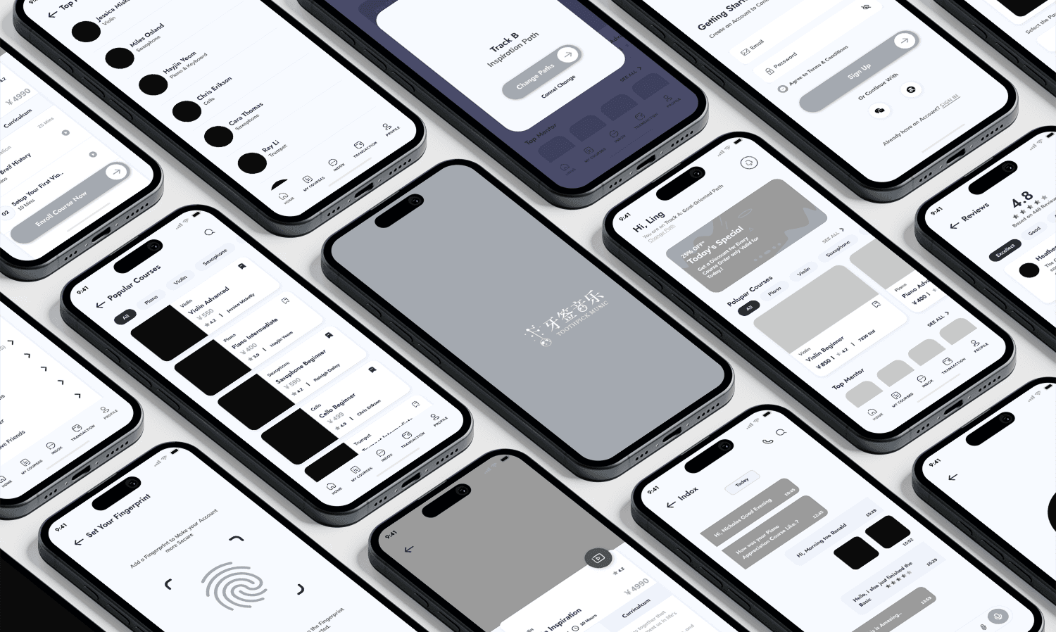 Real TP Music artwork: sign-up, biometric fingerprint security setup, and the Toothpick Music onboarding flow
