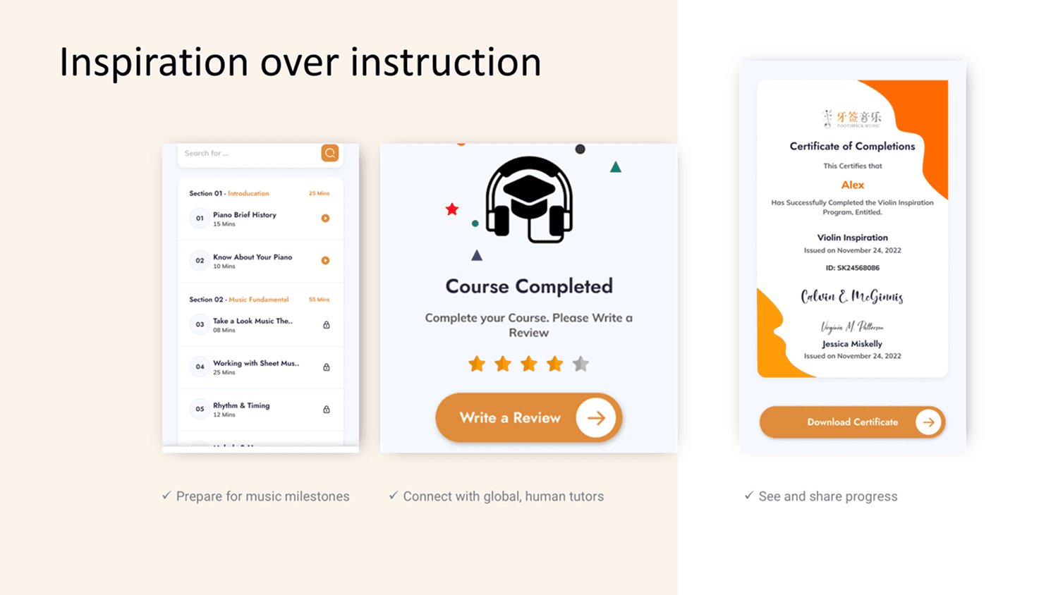 Real TP Music artwork: a course curriculum list, a course-completed review prompt, and a downloadable Certificate of Completion
